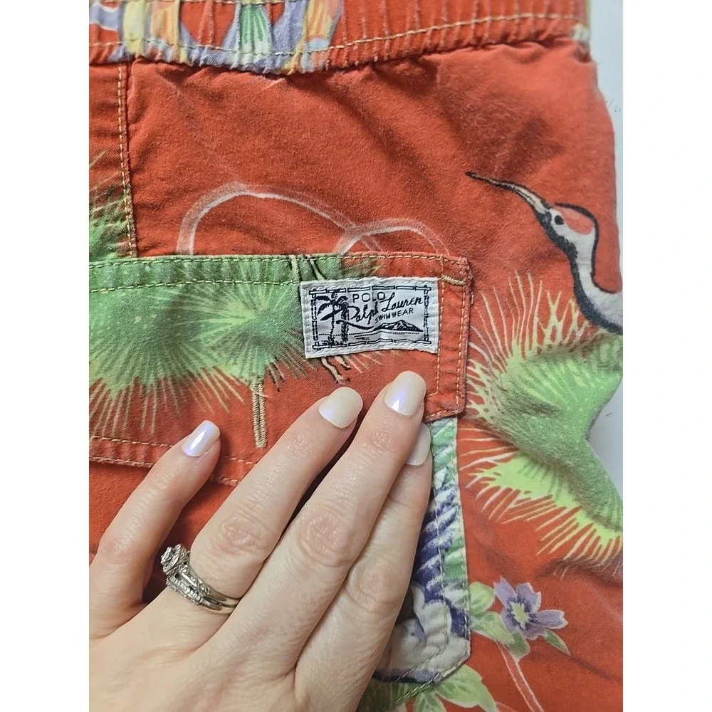 Polo Ralph Lauren Orange Floral Hawaiian Beach Swim Shorts Men's Size Medium‎
